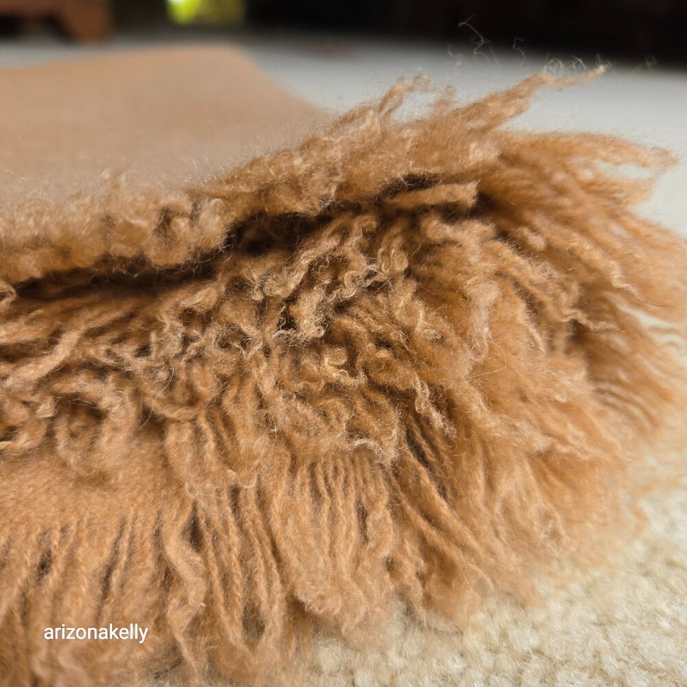 NWOT Tan Cashmere Knit Oblong Scarf with Fringe and Asymmetrical Ends - Picture 14 of 15